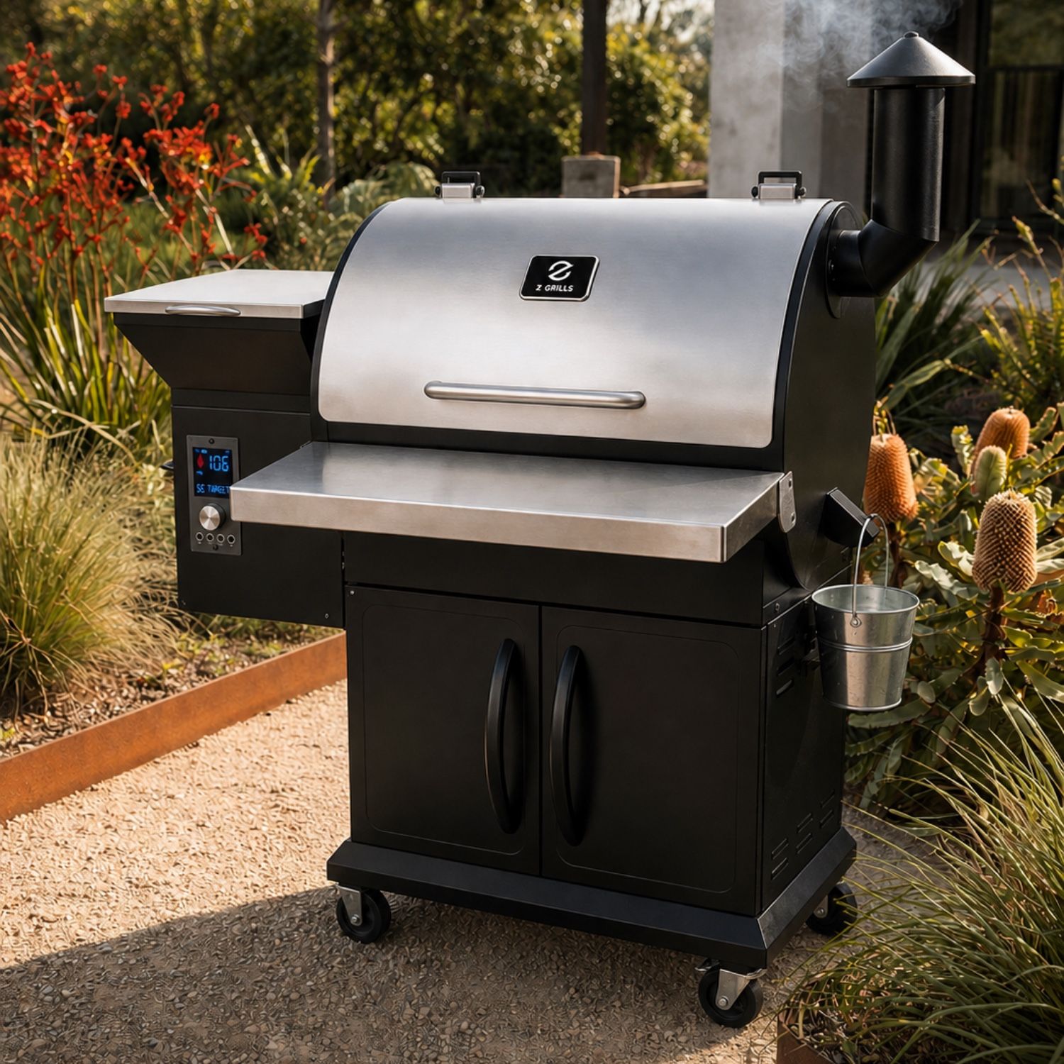 Z Grills 700E-XL pellet smoker in a native Australian garden